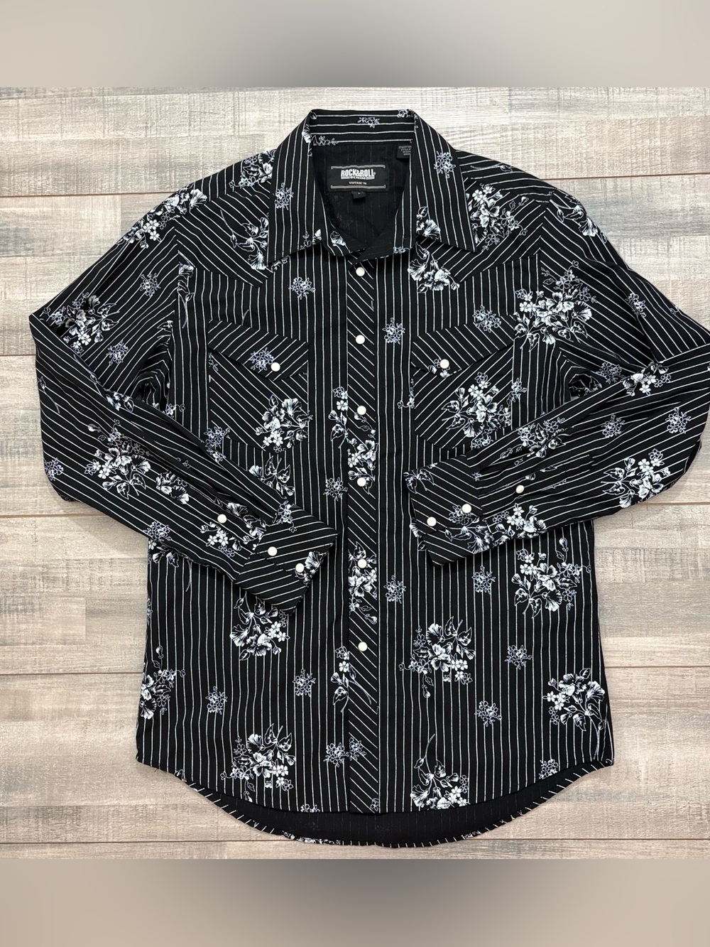 Rock And Roll Denim Vintage 46 Mens Large Black White Pearl Snap Western Shirt
